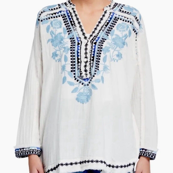 Johnny Was White & Blue Bohemian Gauze Oversized Embroidered Beachy Tunic XS - Picture 3 of 8